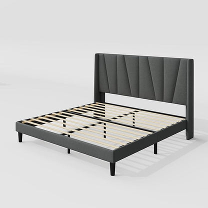 Allewie King Size Platform Bed Frame with Geometric Wingback Headboard, Boho Upholstered Bed with Wooden Slats Support, No Box Spring Needed, Easy Assembly, Dark Grey