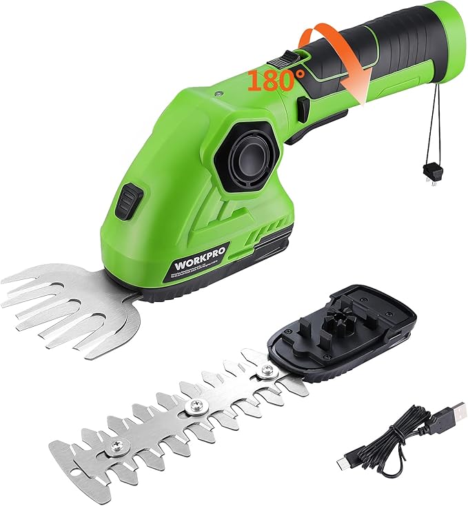 WORKPRO Cordless Grass Shear & Shrubbery Trimmer - 2 in 1 Handheld Hedge Trimmer 7.2V Electric Grass Cutter 2.0Ah Rechargeable Lithium-Ion Battery and USB Cable Included