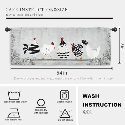Miyotaa Rooster Chicken Kitchen Curtain Valance 54W x 18H Rod Pocket Vintage Farmhouse Rustic Retro Farm Country Rural Window Treatment for Living Room Bedroom Bathroom