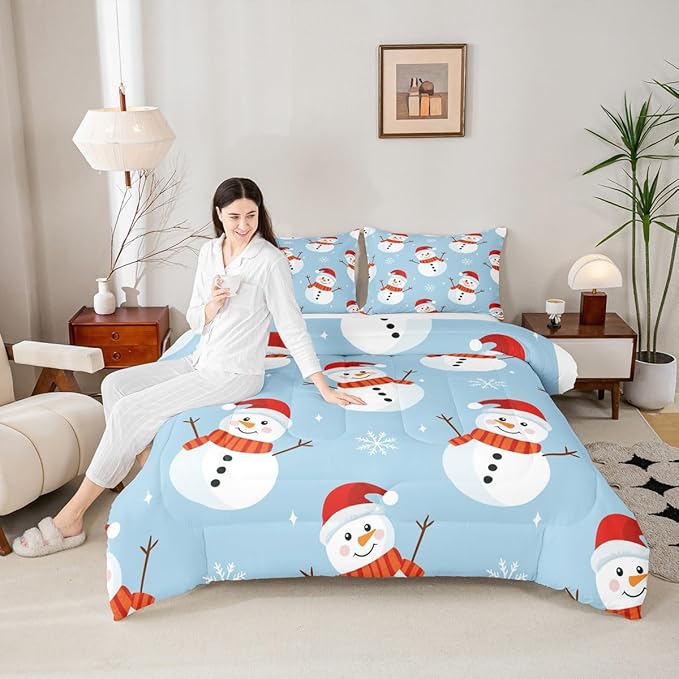Feelyou Merry Christmas Bedding Set Soft for Boys Girls, Snowman Comforter Set Full Size Snowflake Duvet Quilt Microfiber Bedroom Decor 3 Pcs with 2 Pillow Cases