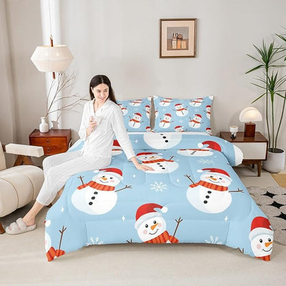 Feelyou Merry Christmas Bedding Set Soft for Boys Girls, Snowman Comforter Set Full Size Snowflake Duvet Quilt Microfiber Bedroom Decor 3 Pcs with 2 Pillow Cases