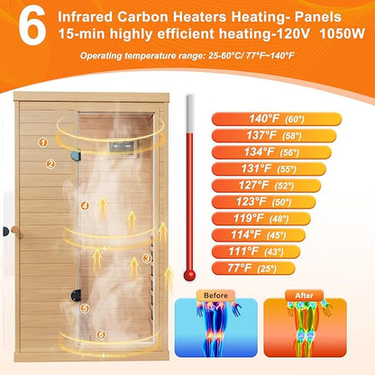 1 Person Infrared Sauna for Home, 1050W Low EMF Indoor Sauna Spa, Canadian Hemlock Home Sauna with Control Panel and Rapid Heating, Bluetooth Speaker, Right Side