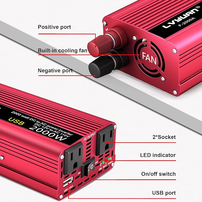 Car Vehicle Power Inverter 800W/2000W(Peak)DC-AC 12V-110V Converter Power Supply