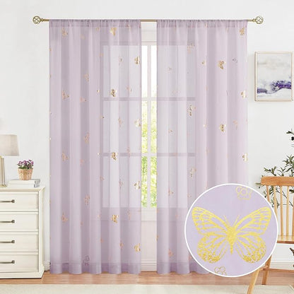 Jubilantex Butterfly Sheer Curtain Panels for Baby Girls Bedroom, Toddler Gold Print Linen Rod Pocket Voile Drapes 84 Inch for Kids Room Living Room, Lavender/Lilac Purple, 2 Panels