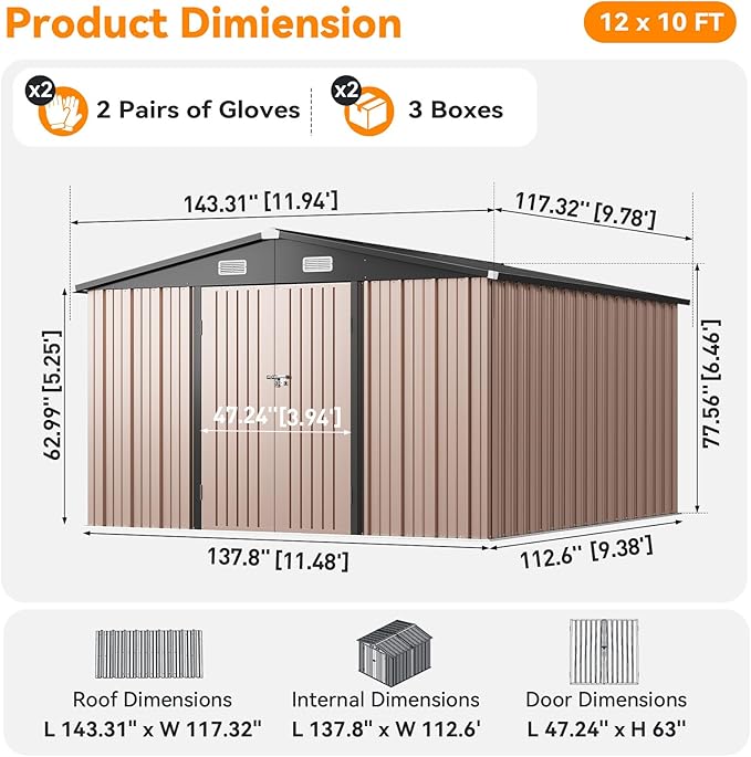 12x10FT Outdoor Storage Shed, Metal Garden Shed with Lockable Double Doors & Sloping Roof, Weather-Resistant Tool Shed for Backyard, Patio, Poolside Brown