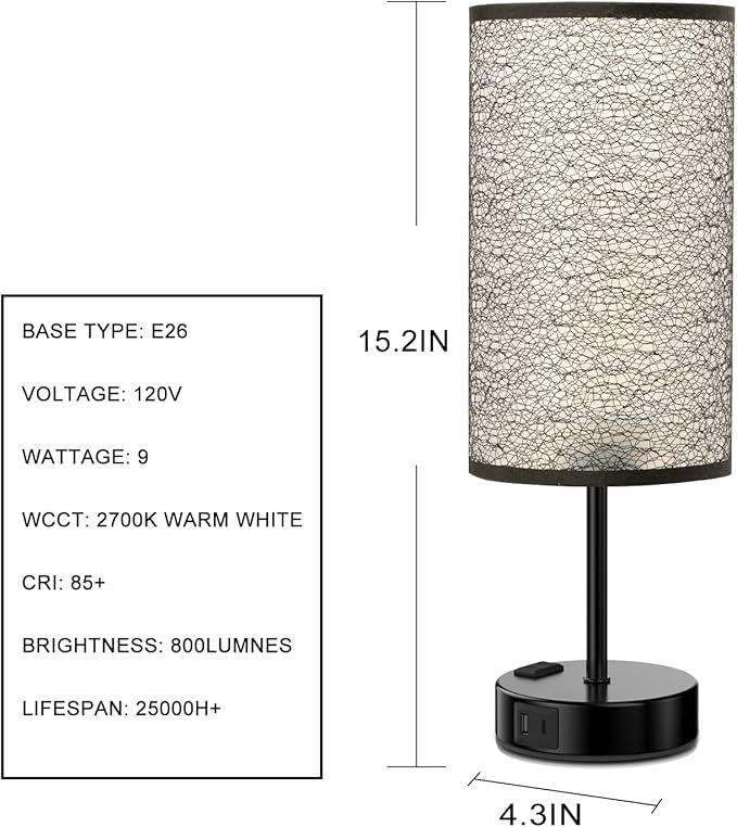 Table Lamp for Bedroom with Touch Control, Bedside Lamp with USB C+A Charging