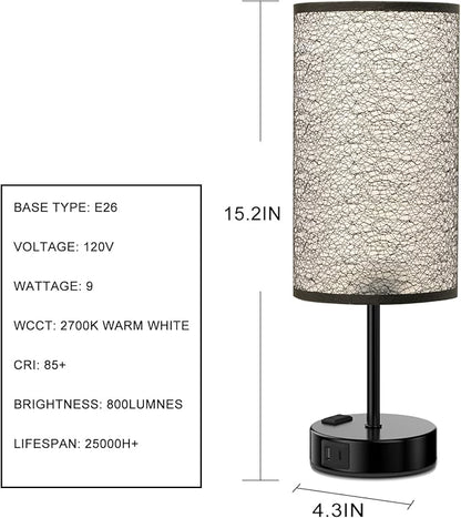 Table Lamp for Bedroom with Touch Control, Bedside Lamp with USB C+A Charging