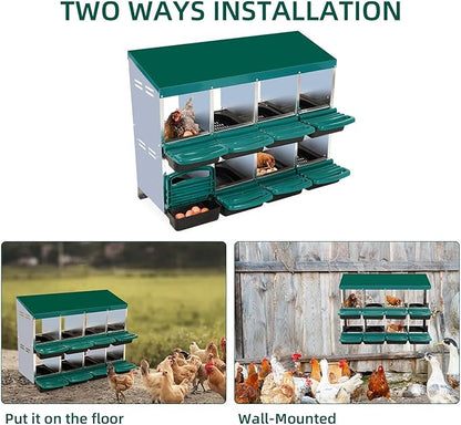8 Compartment Metal Chicken Nesting Box, Automatic Roll-Out Egg Collection, Waterproof Galvanized Steel Laying Box, for Hens Ducks Rabbits, Green