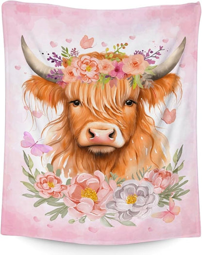 Highland Cow Gifts for Kids - 30" x 40" Inches Cute Highland Cow Throw Blanket for Girls Boys - Pink Warm Cozy Blankets for Sofa, Lap & Office