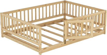 Full Size Floor Bed Frame with Door and Slats,Montessori Floor Bed with Safety Guardrails for Girls Boys,Solid Wood Kids Montessori Bed Full Size,Natural