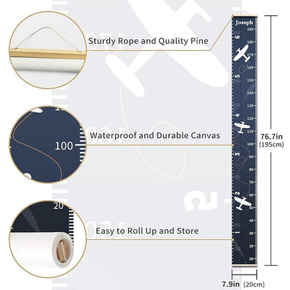 Personalized Growth Chart for Kids, Baby Height Chart with Custom Name, 77"x7.9" Canvas and Beige Wood Height Measuring Rulers for Boys Girls Removable Wall Ruler Hanging for Nursery Decor - Plane