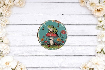 Mushroom Frog Metal Sign 8x8in Round Whimsical Plaque for Garden Wall Decor Fantasy Nature Gift