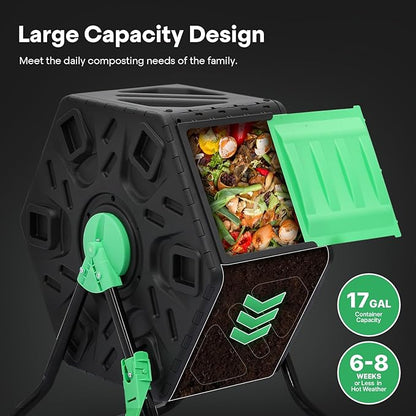 Athena Collection Compost Tumbler, 17 Gallon Single Chamber Outdoor Rotating Composter Bin with Gloves, Easy-Turn BPA-Free Plastic Compost Barrel for Backyard Garden, Patio, Kitchen Food Waste