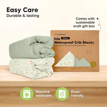 2-Pack Waterproof Baby Crib Sheets for Boys, Girls - 52x28 Viscose Derived from Bamboo Toddler Bed Sheet Neutral, Fitted Crib Mattress Protector Cover for Baby Bedding, Soft & Gentle (Foxtrot)