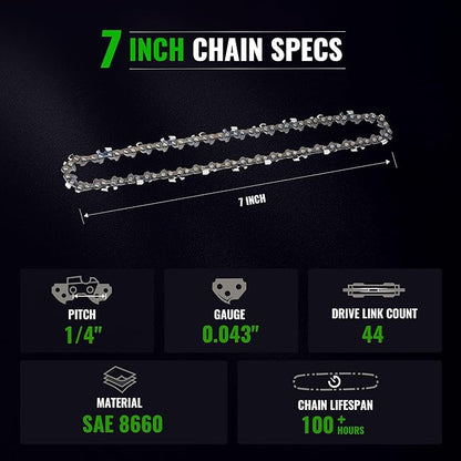 7" Chain Pitch: 1/4" Low Profile 44Drive Links Replacement Chain For 2-in-1 Cordless Pole Saw & Mini Chainsaw .043" Gauge
