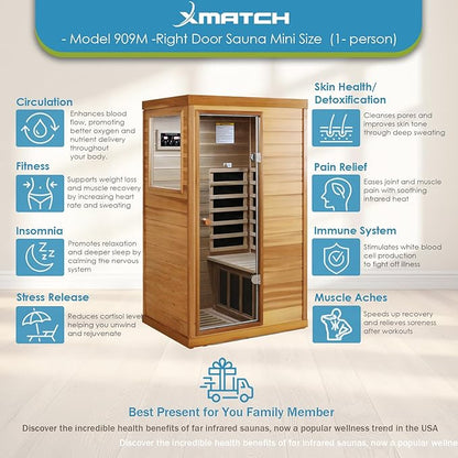 Saunas 909Mini Far Infrared Sauna, Indoor Dry Sauna (Red Cedar, 1 Person Mini Size Right Door)