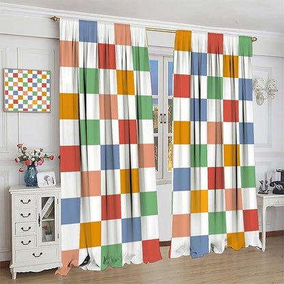 Retro Checkered Curtains,70s Vintage Twisted Checkered Window Drapes Colorful Groovy Trendy Wavy Hippie Grid Print Window Treatments for Kids Girls Bedroom Living Room Bathroom 84" W X 84" L
