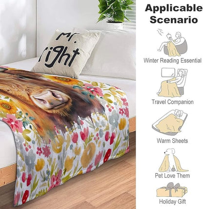 Highland Cow Blanket Gifts - 80x60 Inches Vintage Throw Blanket for Women, Girls - Colorful Soft Fuzzy Blankets for Bed Couch & Travel - Aesthetic Highland Cow Gift Idea
