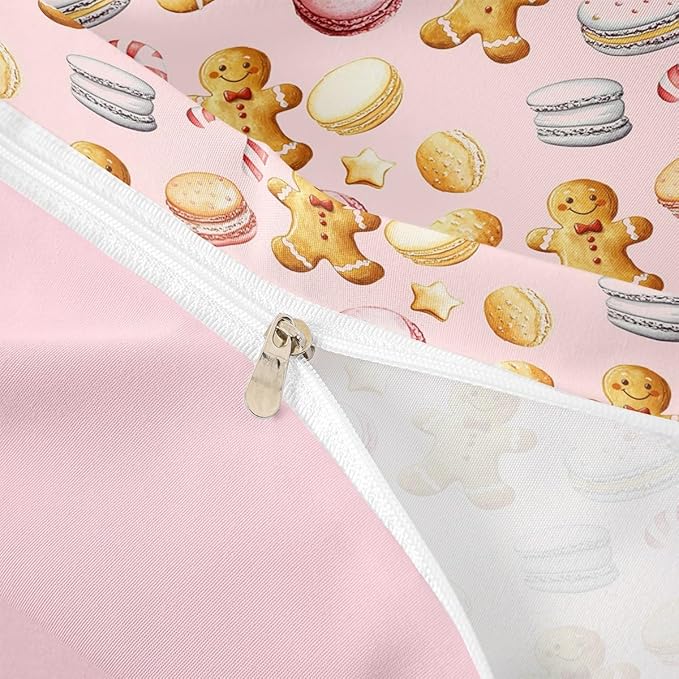Feelyou Christmas Duvet Cover King Size Cute Christmas Gingerbread Man Comforter Cover for Boys Girls Xmas Sweet Macarons Bedding Set 3Pcs Reversible Pink Room Decor