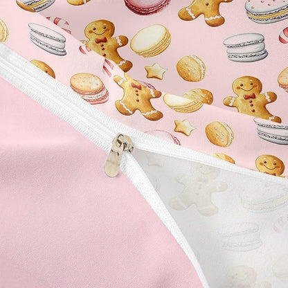 Feelyou Christmas Duvet Cover King Size Cute Christmas Gingerbread Man Comforter Cover for Boys Girls Xmas Sweet Macarons Bedding Set 3Pcs Reversible Pink Room Decor