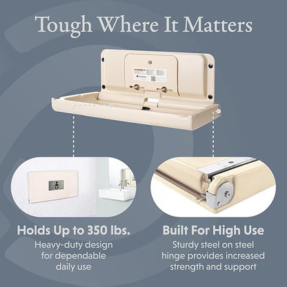 Foundations Ultra Horizontal Wall Mounted Baby Diaper Changing Station, Oversized Changing Surface, Plastic w/Heavy Duty Stainless Steel Hinge - Cream (200-EH-08)