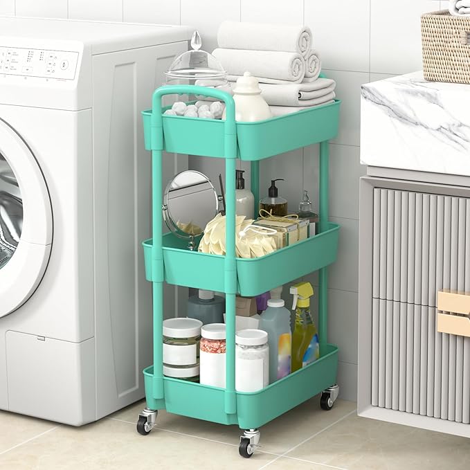 Sywhitta 3-Tier Plastic Rolling Utility Cart with Handle, Multi-Functional Storage Trolley for Office, Living Room, Kitchen, Movable Storage Organizer with Wheels, Green