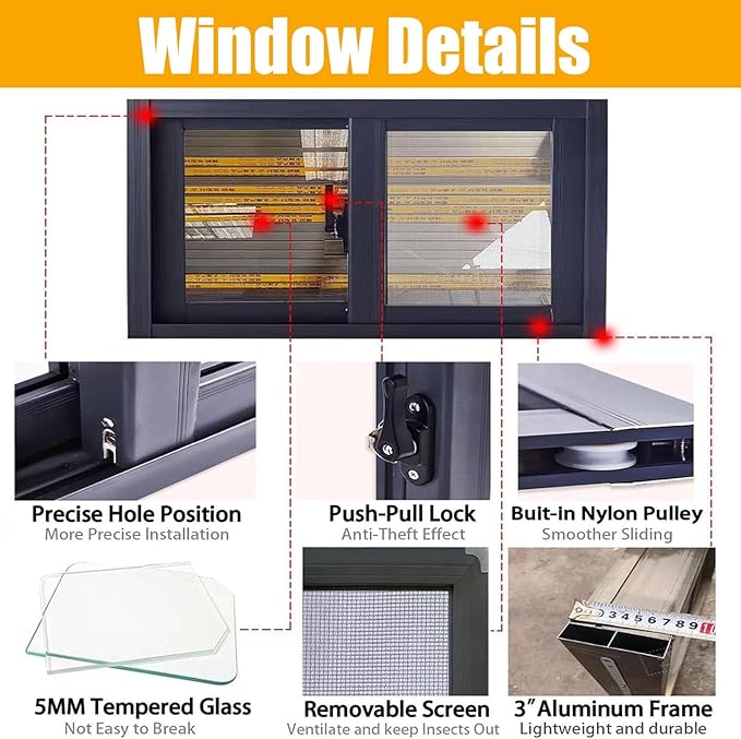 40x25in 36x16in 20x12in Window for Houses, Basement Replacement Windows Aluminum Sliding Window White/Black for Bathroom/Shed/Chicken Coop(White,30x23in)
