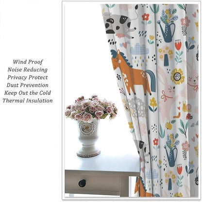 Farm Animal Curtains for Kids, Cartoon Cute Wild Animal Window Treatments Woodland Farmhouse Cow Horse Pig Window Drapes for Girls Boys Nursery Toddler Bedroom 63x72in