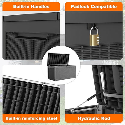 320 Gallon Resin Deck Box, Lockable Patio Outdoor Storage Box for Furniture, Garden Tools and Tools Storage, Waterproof Outside Storage Boxes - Black