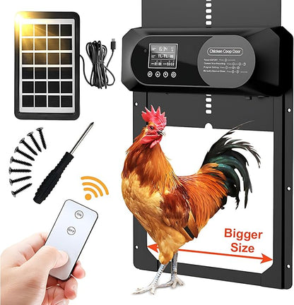 Large Size Automatic Chicken Coop Door Solar Powered,15.9"H x 12"L x 2.28"W,Aluminum Alloy Chicken Door with LCD Display,Timer & Light Sensor,4 Control Modes,Anti-Pinch Coop Door with Remote Control