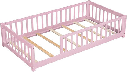 Twin Size Kids Montessori Floor Bed,Twin Floor Bed Frame with Slats,Solid Wood Twin Bed Frame for Girls Boys,Pink