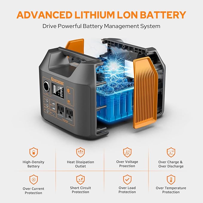 Portable Power Station EnginStar 300W Solar Generator 110V 296Wh Power Bank Two Pure Sine Wave AC Outlet 80000mAh Lithium Battery Pack for Camping Outdoors Trip RV Hunting Vans Emergency Backup