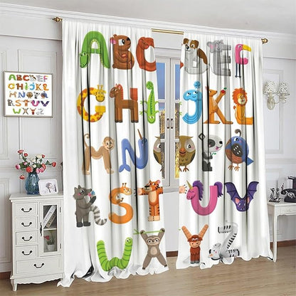 Kids Alphabet Curtains Cartoon Animal Baby Children Funny Learning Educational Curtain with Rod Pocket for Bedroom Nursery Decor Drapes Window Treatments 2 Panels Set 63x72in