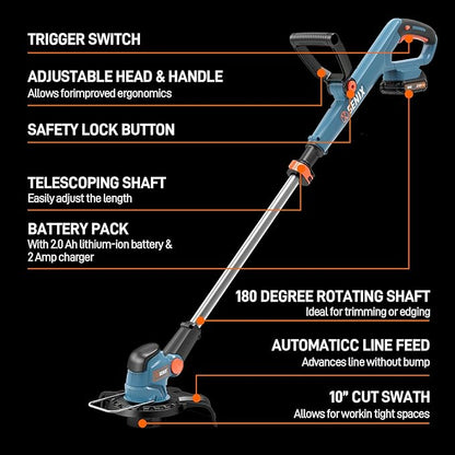 SENIX X2 20V 10'' Weed Wacker - 2 (2.5 Ah) Batteries, 2A Charger and Spool Included- X2GT-BDL