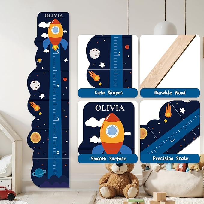 Personalized Name Growth Chart for Wall, Rocket Wood Height Chart for Kids, Height Measurement for Wall, Boy Girls Height Wall Chart Growth Measuring Ruler, Toddler Playroom Decor