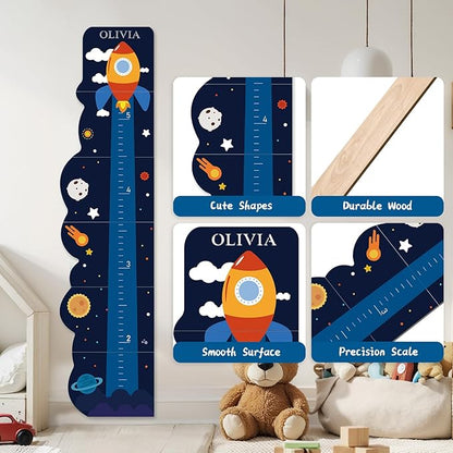 Personalized Name Growth Chart for Wall, Rocket Wood Height Chart for Kids, Height Measurement for Wall, Boy Girls Height Wall Chart Growth Measuring Ruler, Toddler Playroom Decor