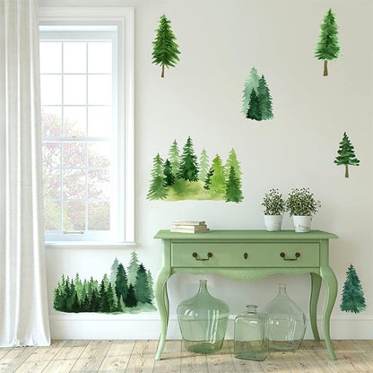 Watercolor Pine Tree Wall Decals Green Pine Tree Wall Sticker Large Tree Wall Decals Nature Woodland Forest Tree Wall Stickers for Nursery Bedroom Living Room Decor