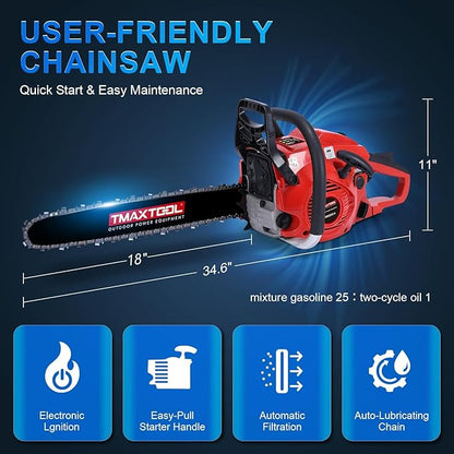 62cc Gas Chainsaw, 3.5-HP, 18 Inch Gas Powered Chainsaw, 2-Stroke Chainsaws with Automatic Oiler, Gasoline Chain Saw for Cutting Wood Outdoor Garden Farm Home, Red