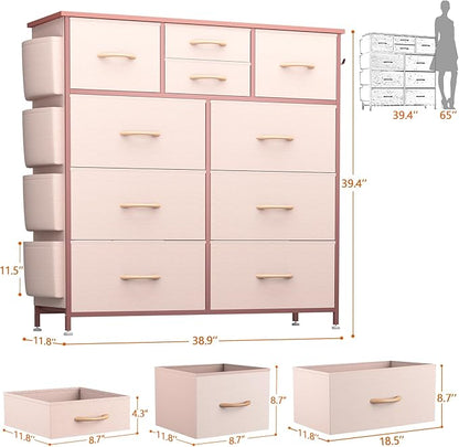 10 Drawer Dresser, Chest of Drawers for Bedroom, Fabric Dresser Drawers with Side Pockets, Hooks, Wooden Top and Sturdy Metal Frame for Living Room, Closet, Hallway (Pink)