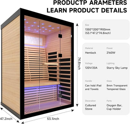 2 Person Infrared Sauna Room Far Infrared Saunas Home Canadian Hemlock Indoor 2100W Low-EMF Dry Saunas with Oxygen Bar 7 Color Therapy 53.1 * 47.2 * 74.8inch