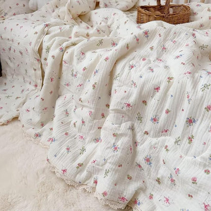 BuLuTu Pink Floral Kids Blanket for Todder/Twin Bed Muslin Cotton Comforter for Girls Boys, Soft Breathable Quilted Blanket Cute Sheep Pattern Toddler Quilt for All Seasons, 60x78 Inches