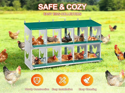 Garvee Large Metal Chicken Nesting Boxes for Hens, 10 Compartment Galvanized Steel Nesting Box, Includes 4 Fake Eggs & 10 Soft Nest Pads, Wall Mount or Freestanding for Coop & Farm
