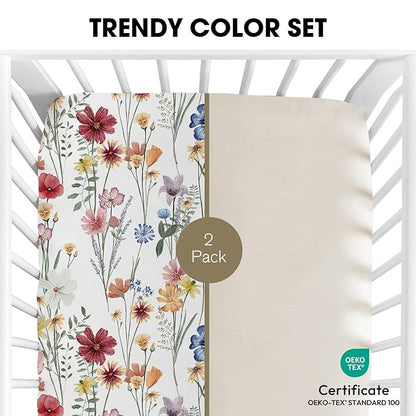Little Grape Land Pack and Play Sheets Mini Crib Sheets Soft Breathable Pack N Play Sheets, Playard Fitted Sheet 2 Pack Stretchy Fits 38"x26" Playard Mattress, Spring Flower