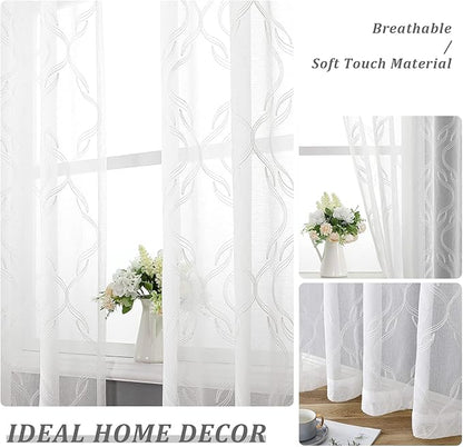 VISIONTEX Sheer Curtains 120 Inches Long 2 Panels Set, White Moroccan Embroidery Texture Geometric Rod Pocket White Voile Tulle Semi Window Treatment Pair for Bedroom, W54 x L120