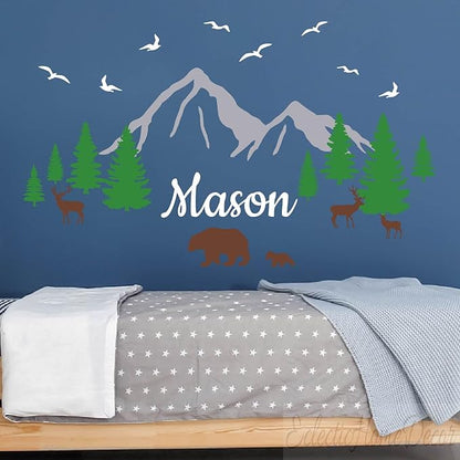 Custom Name Mountains Wall Decal Nursery Boho Theme Nursery Wall Sticker Wall Art Bear Trees Wall Decor Kids Wall