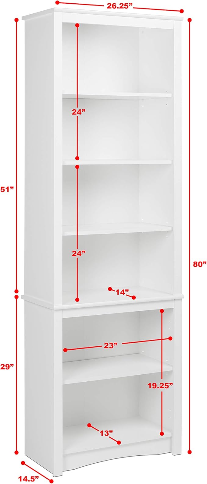 Prepac Sonoma Tall 6-Tier Bookcase 80"H with 2 Adjustable Shelves, White Storage Cabinet, Modern Display Cabinet, Bookshelf with Storage Shelves for Home Office, Living Room, Bedroom Organizer