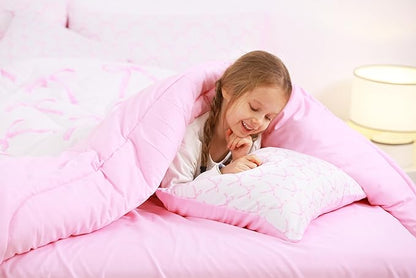7 Pieces Cartoon Bowknot Kids Comforter Full,Pink Bow Tie Butterfly Knot Princess Bedding Set,Watercolor Bow Patchwork Pink White（Comforter+Fitted+Flat Sheet+2 Pillowcases+2 Throw Pillow Covers）