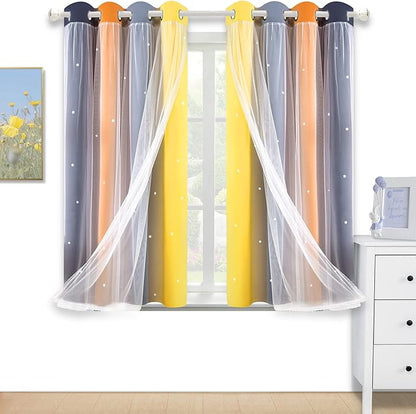 Kinryb Nursery/Kids/Girls Room Star Cut Out Blackout Rainbow Curtain with Sheer Overlay 2 Panels, Each 52 inch Wide,63 inch Length with White Gauze,Ombre Stripe Rainbow Curtains (2 Panels,52x63 Inch)