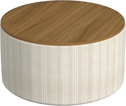 HomePop Modern Fabric Storage Ottoman with Wood Top -Marigold Pinstripe Cream Fabric