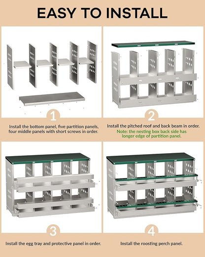8-Hole Galvanized Metal Chicken Nesting Box with Egg Collection Tray/Fake Training Eggs, Rustproof Poultry Laying Box with Perch Rod,for Chicken Coops and Hens